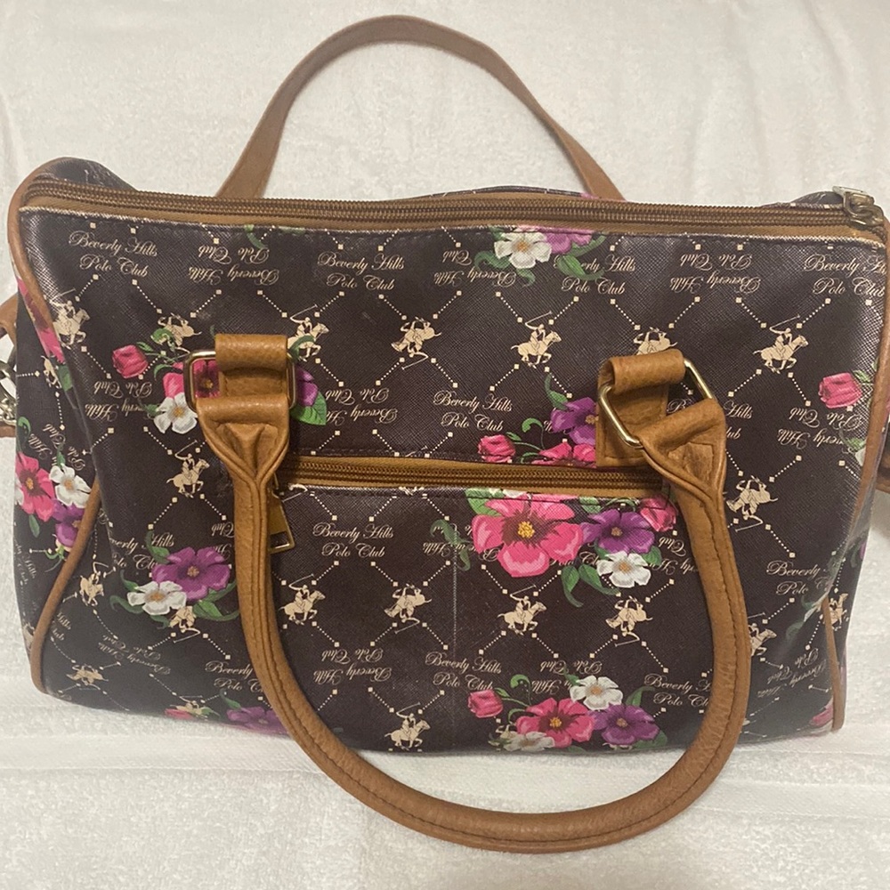 Beauty HillsPolo Club brown beige with pink green and white flowers.